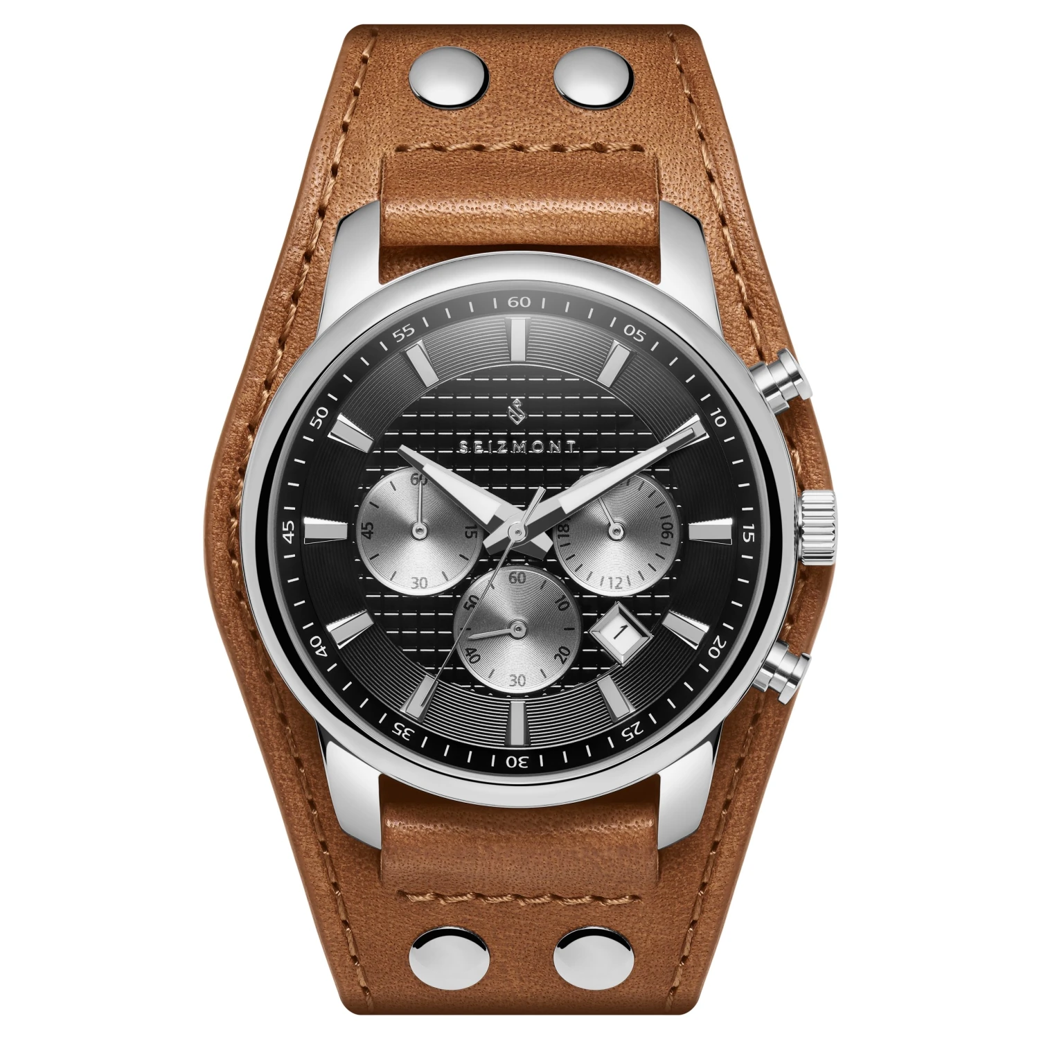 Seizmont Iphios | Montre chronographe noire et brune en acier inoxydable avec bracelet manchette en cuir 3 Seizmont Iphios | Montre chronographe noire et brune en acier inoxydable avec bracelet manchette en cuir