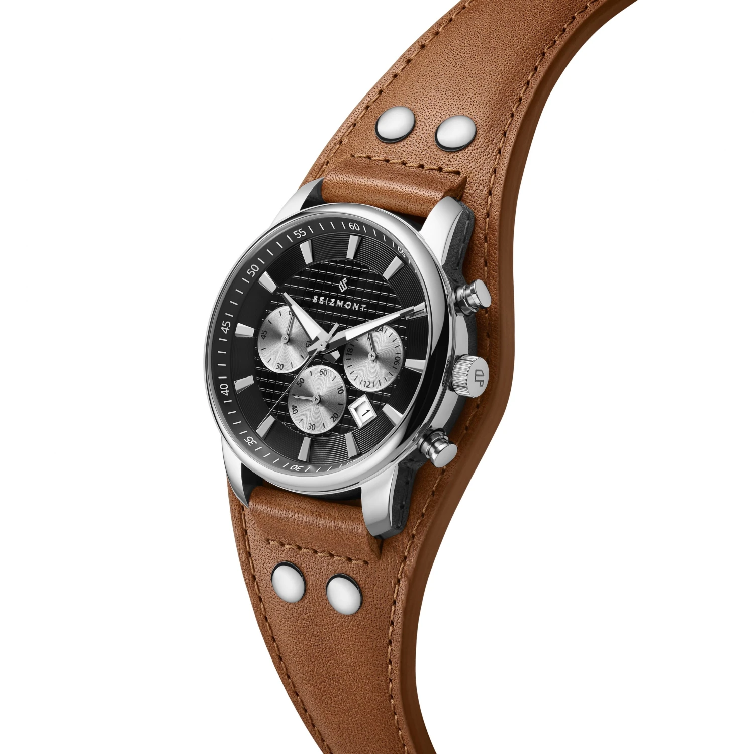 Seizmont Iphios | Montre chronographe noire et brune en acier inoxydable avec bracelet manchette en cuir 5 Seizmont Iphios | Montre chronographe noire et brune en acier inoxydable avec bracelet manchette en cuir – Image 3