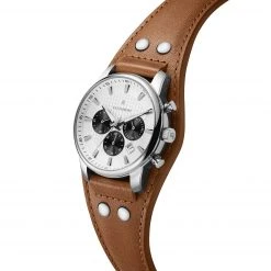 Seizmont Iphios | Montre chronographe blanche et brune en acier inoxydable avec bracelet manchette en cuir 9 Seizmont Iphios | Montre chronographe blanche et brune en acier inoxydable avec bracelet manchette en cuir -MONTRES Soldes 3 2ipsos